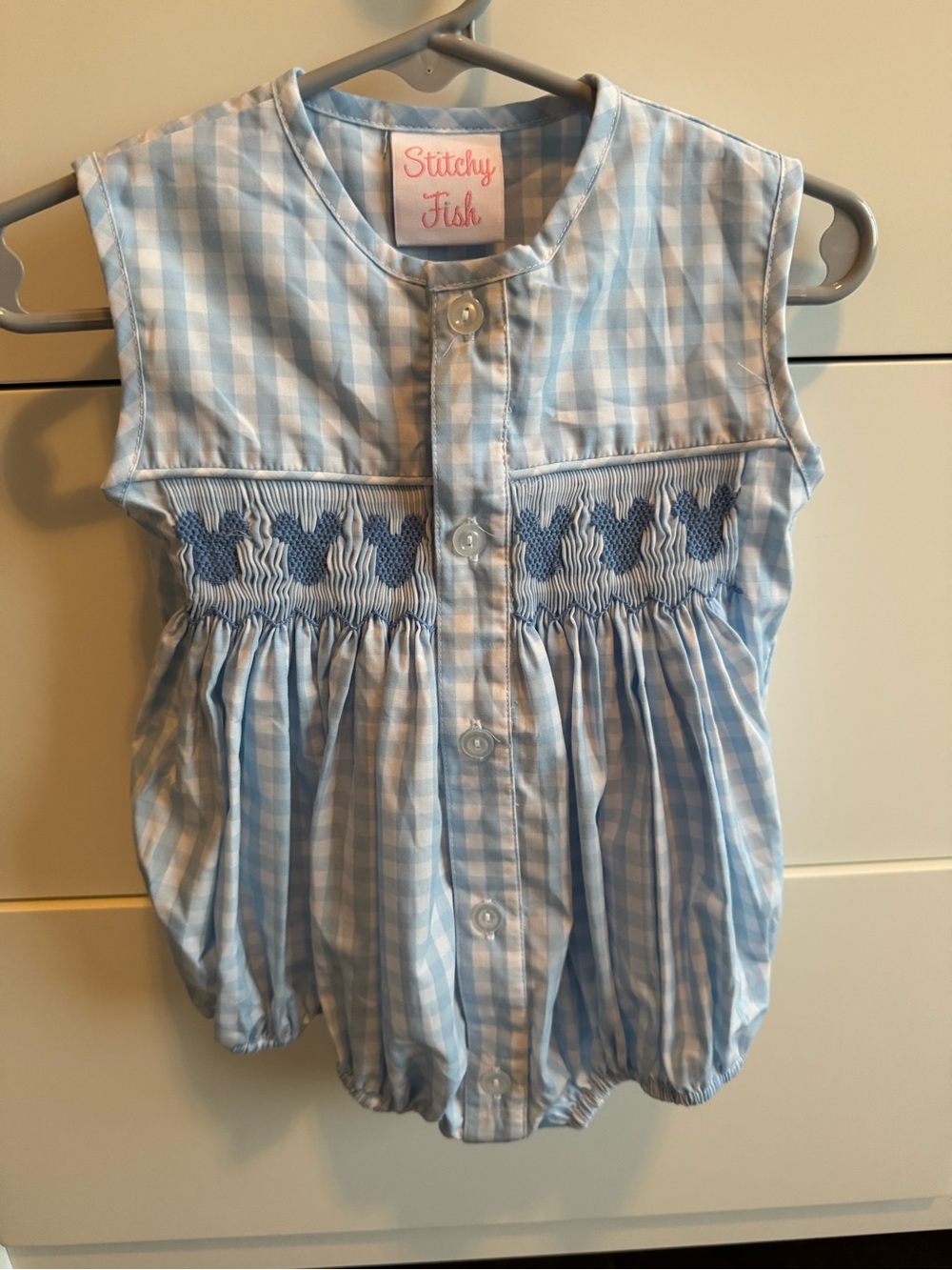 Stitchy Fish Light Blue Gingham Smocked Baby Romper